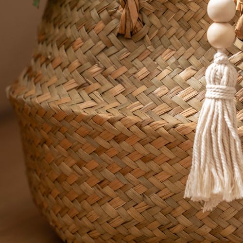 Contenedor Decorativo Chico Tejido Zigzag con Borlas
