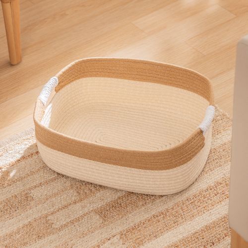 Contenedor Rectangular Grande de Algodón Bicolor con Manijas Trenzas
