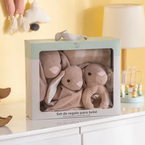 Set de Regalo Infantil Conejito con Manta, Muñeco y Juguete de Agarre