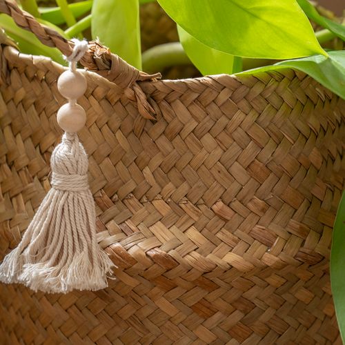 Contenedor Decorativo Grande Tejido Zigzag con Borlas