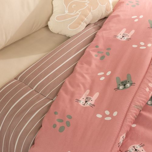 Acolchado 1 Plaza Reversible Conejo Pompón